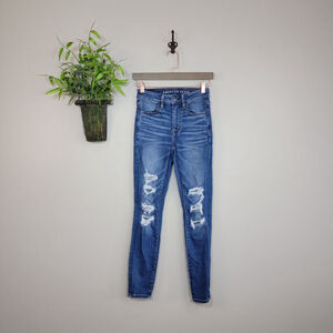 American Eagle Skinny Jeans Hi Rise Jeggings Ripped Knee Distressed Blue AE 2